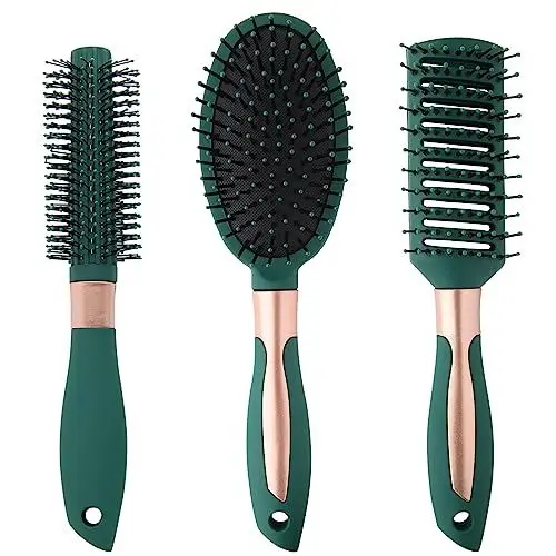 Produktbild: 3 Stück Haarbürsten Set Haarkamm Ohne Ziepen Detangler Entwirrbürste Antistatik Fohnen Ventbürste Rundhaarbürste Oval Paddelbürste für Welle Locken Trockenes Haarpflege Damen Herren Grün