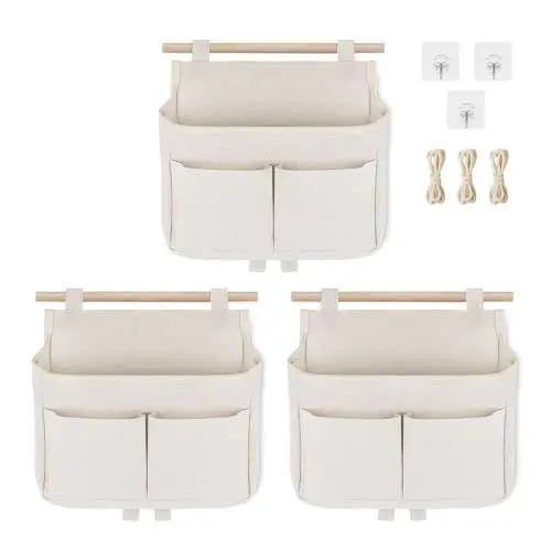 Produktbild: 3 Stück Hängeorganizer Hängetasche, Aufbewahrungstasche Hängend, Wand Hängeaufbewahrung, Leinen Stoff Organizer Hängend, Wandorganizer mit Haken für Home, Office, Bad, Kinderzimmer (Weiß)