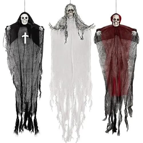 Produktbild: 3 Stück Halloween Deko Outdoor, Hängende Skelett Halloween, EIN 90 cm Großer und Zwei 80 cm, Halloween Deko Innen, Halloween Deko Gruselig für Baum Garten Patio Rasen