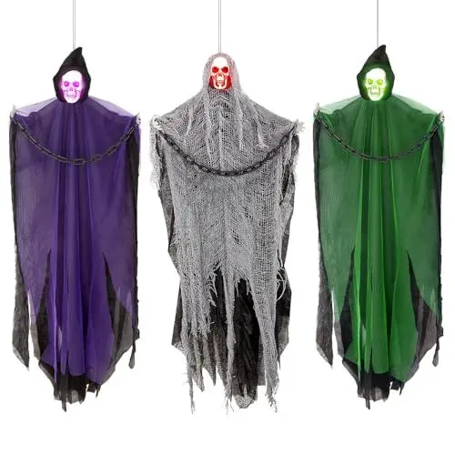 Produktbild: 3 Stück Halloween Deko Outdoor Skelettgeister mit Leuchtenden Augen, EIN 36 Zoll und Zwei 32 Zoll Fliegende Sensenmänner mit Ketten als Spukhaus-Requisitendekor, Halloween Deko Gruselig