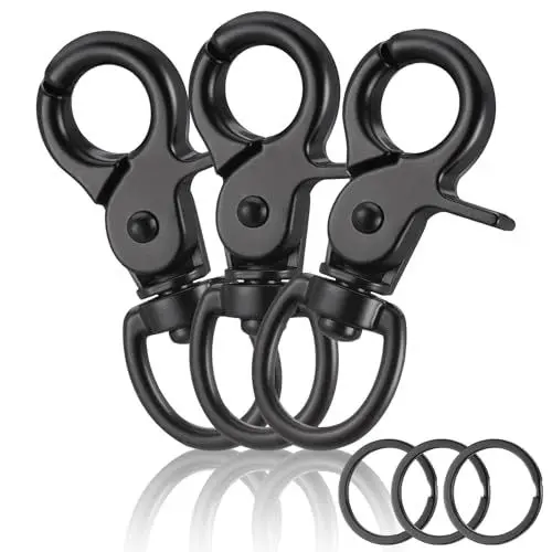 Produktbild: 3 Stück Karabinerhaken mit Drehgelenk, Robust Zinklegierung Karabiner Hundeleine, Wirbelkarabiner mit Schlüsselanhänger, Schlüsselanhänger Karabiner, Schwarz Bolzenkarabiner für Hundeleine Schlüssel