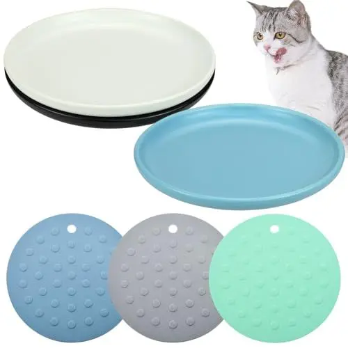 Produktbild: 3 Stück Katzennäpfe, Futternapf mit Rutschfester Unterlage, Katzenfutterteller aus Keramik, Katzenfutterstationen,Tiernäpfe für Futter und Wasser, Katzenschüssel, Flache Näpfe für Kleine Hunde Tiere