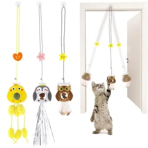 Produktbild: 3 Stück Katzenspielzeug Selbstbeschäftigung Hängende Türrahmen mit Katzenminze, Interaktives Katzenspielzeug Türbehang ​Hüpfendes Einziehbares für Katzenauslauf und gegen Langeweile