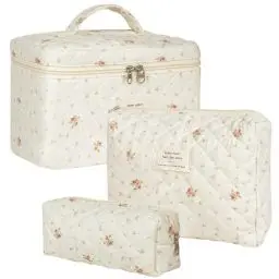 Produktbild: 3 Stück Kosmetiktasche Damen Make up Tasche, Kulturbeutel Set mit Griff, Gesteppte Kulturtasche Schminktasche Cosmetic Bag mit Blumenmuster, Waschtasche Tragbare für Mädchen Herren (B)