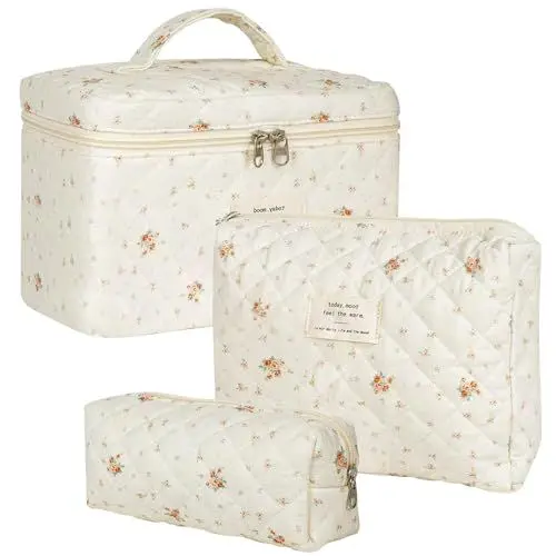 Produktbild: 3 Stück Kosmetiktasche Damen Make up Tasche, Kulturbeutel Set mit Griff, Gesteppte Kulturtasche Schminktasche Cosmetic Bag mit Blumenmuster, Waschtasche Tragbare für Mädchen Herren (B)