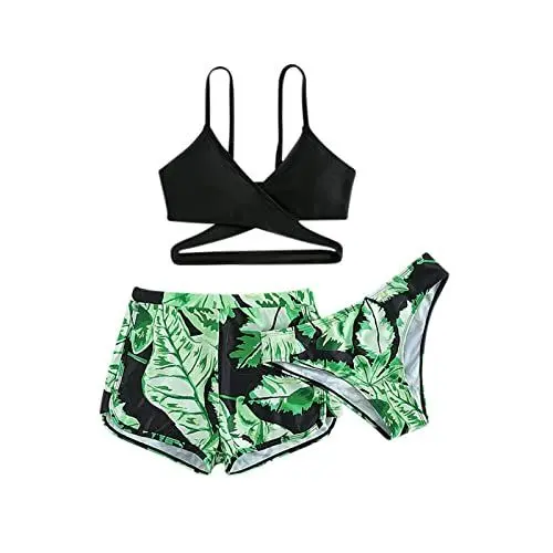 Produktbild: 3 Stück Mädchen Bikini Sets Einfarbiges Badeanzug Verstellbare Bikini Oberteil mit Triangel Bikinihose Und Kurz Shorts Sommer Strand Bademode Badebekleidung Teenager für 8-14 Jahre