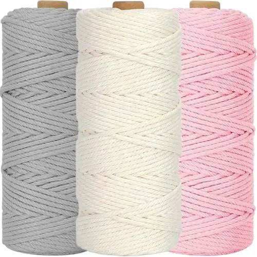 Produktbild: 3 Stück Makramee Garn 3mm x100m, WINOK Bunte Makramee-Schnur, DIY Naturgarn Baumwollschnur Baumwollgarn Schnur Baumwollkordel für Wandpflanze Handwerk - Weiß Hellrosa Hellgrau