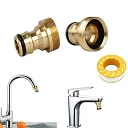 Produktbild: 3 Stück Messing Wasserhahnverbinder Universal Wasserhahnanschluss Schlauchadapter, Schlauchverbinder für Garten Küche Innengewinde 22mm Außengewinde 24mm Wasserhahn Anschluss + PTFE Dichtband 14m