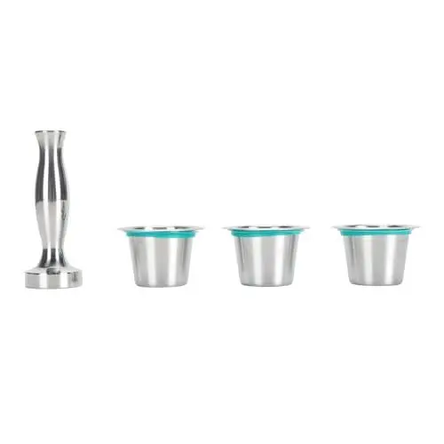 Produktbild: 3 Stück Nachfüllbare Kaffee-Espresso-Kapseln aus Edelstahl – Wiederverwendbare Kaffeepads mit Deckel aus Aluminiumfolie – Kaffeekapseln aus Metall, Tamper, Messlöffel, Bürste