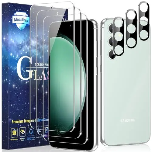 Produktbild: Mecdino 3 Stück Panzer Schutz Glas für Samsung S23 FE Schutzglas Displayschutz und Kameraschutz, 9H Härte Kratzfest Gehärtetes Glas Anti-Öl HD Klar 2.5D Runde Kante Schutzfolie