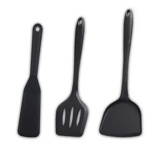 Produktbild: 3 Stück Pfannenwender Set, Silikon Pfannenwender Antihaft Spatula und Crepes Wender Schwarz Geschlitzt Spatel Hitzebeständig Kochbesteck BPA Frei Bratenwender zum Kochen Backen