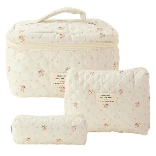 Produktbild: 3 Stück Reise Kosmetiktasche, Kulturbeutel Set, Damen Gesteppte Kulturtasche mit Blumenmuster, Make Up Bag Groß Kapazität, Aesthetic Blumen Schminktasche Cosmetic Bag für Frauen Mädchen (Weiß)