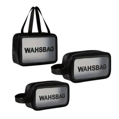 Produktbild: 3 Stück Reise Kosmetiktasche,kulturtasche Damen，kulturbeutel Herren, wasserdichte Kulturtasche, Transparent Kosmetiktasche, Transparente Toilettentasche , Cosmetic Makeup Bags (Black)