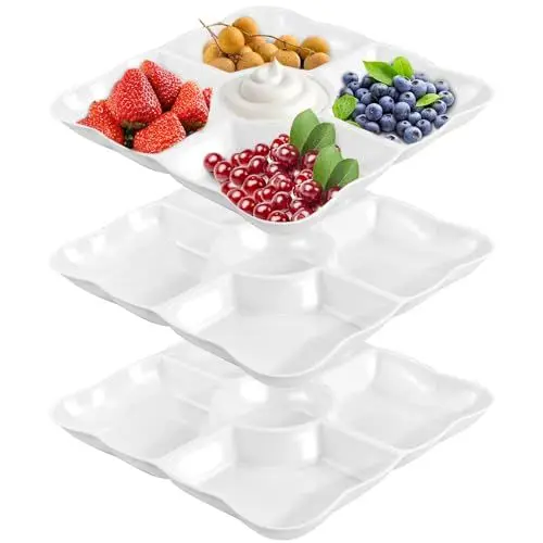 Produktbild: 3 Stück Snackteller mit 5 Fächern, Wiederverwendbar Snack Teiler Tablett, Obstteller aus Kunststoff, Weiße Snackteller mit Fächern, für Nüsse Desserts Frische Snacks Candy Getrocknetes Obst Essen