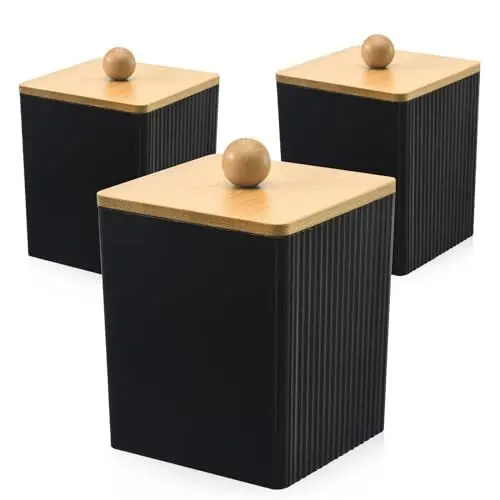 Produktbild: 3 Stück Staubdichte Bambusabdeckung Wattestäbchen Behälter Schwarz, Robustes Acryl Wattepadspender, Multifunktional Wattepads Aufbewahrung, Badezimmer Organizer für Wattestäbchen Haarnadeln Wattepad