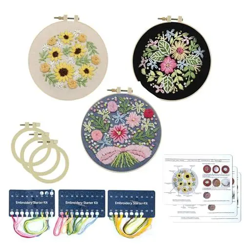 Produktbild: 3 Stück Sticken für Anfänger, Sticken Set Erwachsene Stickerei Starter Kit mit 3 Stück Stickrahmen Anleitung und Werkzeuge Blumenmuster Pflanzen Stickset für Anfänger für DIY Kunst Embroidery Kit