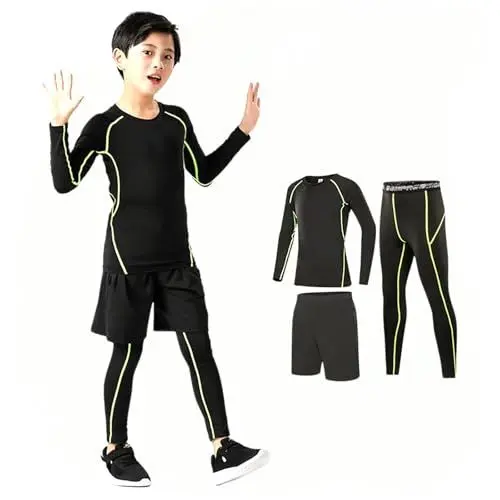 Produktbild: 3 Stück Thermounterwäsche Kinder Funktionsunterwäsche Kinder Skiunterwäsche Kinder Thermounterhemd Thermounterhose Shorts Winter Warm Trainingsanzüge atmungsaktiv Sportunterwäsche für Fussball Ski