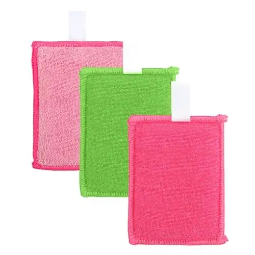 Produktbild: 3 Stück Topfreiniger Schwamm Küche, Geschirrschwamm,Spülschwamm 11x8 cm mit Mikrofaser,für Gründliche Reinigung Bei Hartnäckigem Schmutz,Waschbar zum Wiederverwenden(rosa oder grün)
