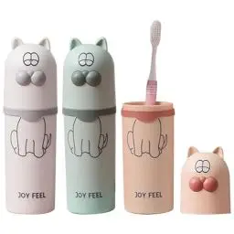 Produktbild: 3 Stück Zahnputzbecher Set, Kinder Karikatur Katze Tier Zahnputzbecher, Tragbar Reise Zahnbürstenhalter Mundspülbecher für Camping Geschäftsreisen Zuhause Schule(Weiß, Grün, Rosa)