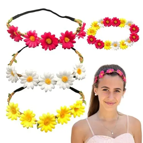Produktbild: 3 Stücke Blumen Haarband,Stirnband mit justierbaren elastischen, Gänseblümchen Krone Haar Kranz Braut Kopfschmuck Haarband，Band in Weiße, gelbe und rosafarbene Bänder Bohemia Style Mädchen Damen