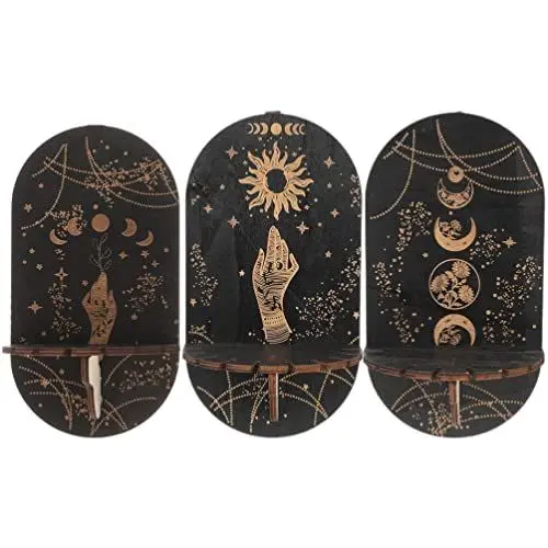 Produktbild: Cabilock 3 Stücke Kleines Regal Wand Holz Kristall Regal Wand Montiert Kristall Ständer Ätherische Öle Mondphase Mond Sonne Heilsteine ​​Halter Boho Für Wohnzimmer