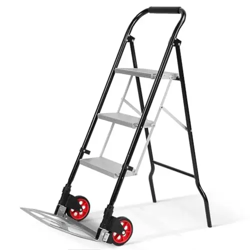 Produktbild: 3 Stufen Klapptritt, Faltbare Tritthocker mit rutschfesten Füßen Klapphocker-Leiterwagen mit Rollen Aluleiter Haushaltsleiter Sicherheitsleite für Zuhause 150Kg