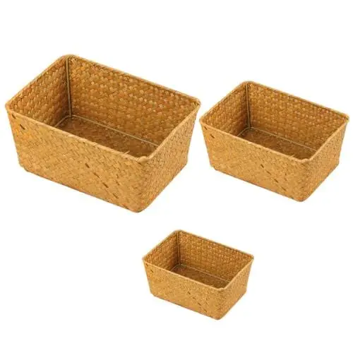 Produktbild: 3 Teilige Box Seegras Obstkorb Aufbewahrungskiste Aufbewahrungskorb Stapelbares Fach Vorratsboxen Obst Display Korb Aufbewahrungshalter Handgeflochtener Cabilock