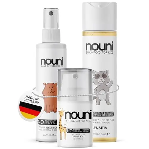 Produktbild: Haargel, Shampoo & Leave-In Conditioner für Kinder und Kleinkinder | Styling Gel ohne Rückstände - Shampoo ohne Tränen & Ziepen - Repair Conditioner | Für alle Haartypen bei Mädchen und Jungen | nouni