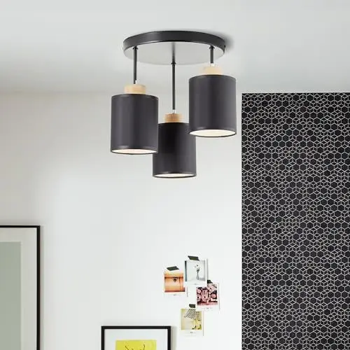 Produktbild: 3 flammiges Deckenrondell - skandinavische Rondell Deckenleuchte mit schwarzen Stoff Schirmen - 40 cm Höhe x Ø 30 cm - E27 Fassung - aus Metall/Textil/Holz von der Stieleiche - in Schwarz/Braun