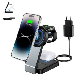 Produktbild: 3 in 1 Faltbar Magsafe Ladegerät, Induktive Kabelloses Ladestation für iPhone 16/15/14/13/12/Plus/Pro Max/Mini,Wireless Charger für Apple Watch 9/8/7/6/SE/5/4/3/2, AirPods Pro/2/3 (mit Adapter)