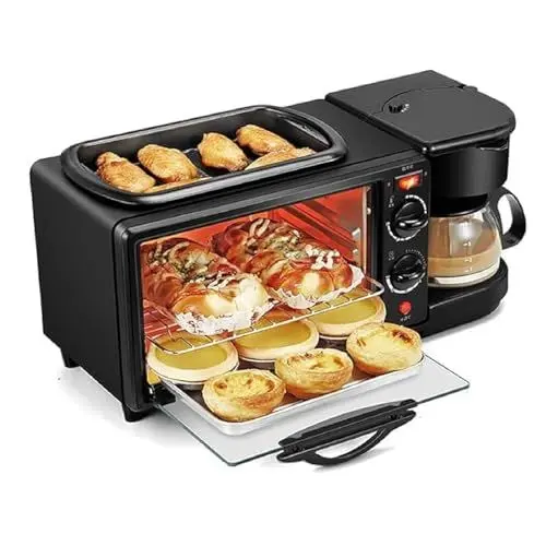Produktbild: 3 in 1 Frühstücksstation, Tragbarer 12 Liter Ofen Frühstückszubereiter mit Kaffeemaschine, Toaster Ofen Bratpfanne mit Deckel, Timer, Antihaftbeschichtete Grillplatte für Brot,