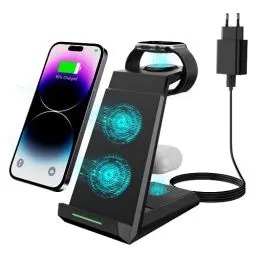 Produktbild: 3 in 1 Induktive Ladestation，Magsafe Kabelloses Ladegerät für iPhone 16/15/14/13/12/11/Pro Max/Mini/XS/XR,Wireless Charger für Apple Watch 9/8/7/6/SE/5/4, Ladestation für AirPods Pro/2/3(mit Adapter)