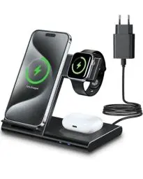 Produktbild: 3 in 1 Ladestation Apple Watch und iPhone, 18W Induktive Ladestation Schnelles Kabelloses Ladegerät Ständer für iPhone 15/14/13/12/11/Pro/Max/XS/XR/X/8/Plus, iWatch 9/8/7/6/SE/5/4/3/2 & AirPods