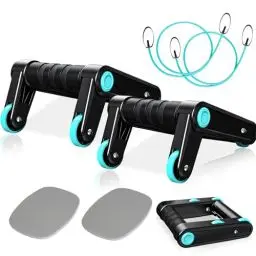 Produktbild: 3 in 1 Liegestützgriffe Bauchroller Set, Bauchtrainer mit Fitnessbänder, inkl. Tragetasche, Kniematte Rutschfeste Griffe Bauchtrainer ab Roller ideal für Männer und Frauen Bauchmuskeltraining (Blau)