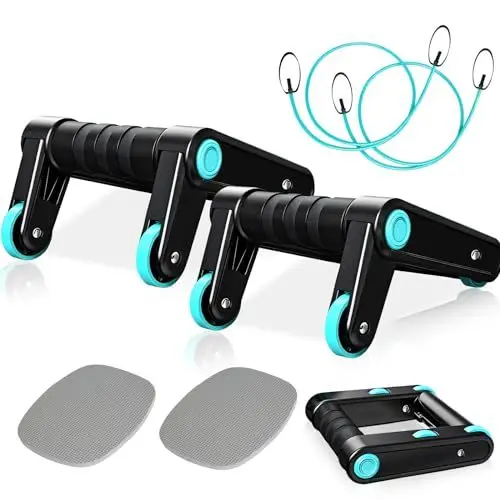 Produktbild: 3 in 1 Liegestützgriffe Bauchroller Set, Bauchtrainer mit Fitnessbänder, inkl. Tragetasche, Kniematte Rutschfeste Griffe Bauchtrainer ab Roller ideal für Männer und Frauen Bauchmuskeltraining (Blau)