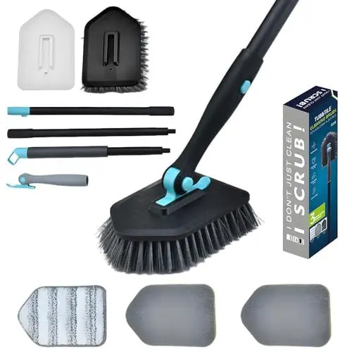 Produktbild: 3 in 1 Reinigungsbürste Bad,128 cm Langer Griff,mit 4 austauschbaren Bürsten,Einstellbar Dusche Reinigungsbürste,180° drehbare abnehmbare, für Badezimmer,Badewanne,Küche,Glas Baseboard,Fliesen