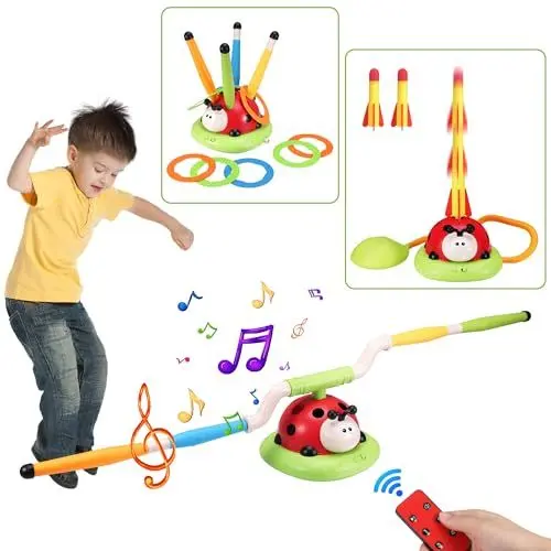 Produktbild: 3 in 1 Spiele für Kinder, Raketen Spielzeug, Seilspringmaschine Kinder, Ringwurfspiel für Kinders, Schaumraketen Launcher, Sport & Outdoor-Spielzeug für 3 4 5 6 7 8 9 Jahre
