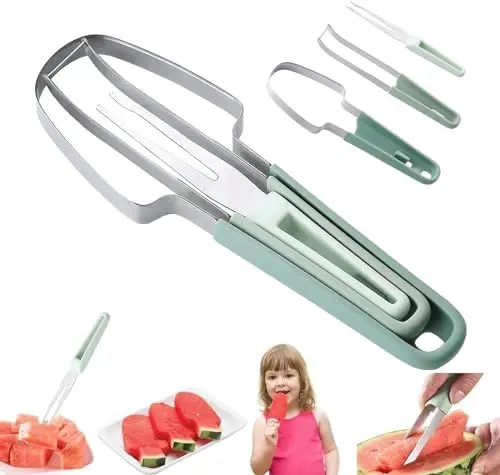 Produktbild: 3 in 1 Wassermelonen Schneider Edelstahl, Aluusy 2024 Neu Wassermelonen Gabelschneider Sommer Wassermelonen Gabel-Schneidwerkzeug, Wassermelonen Obstschneider für Camping Küchengeräte (Grün)