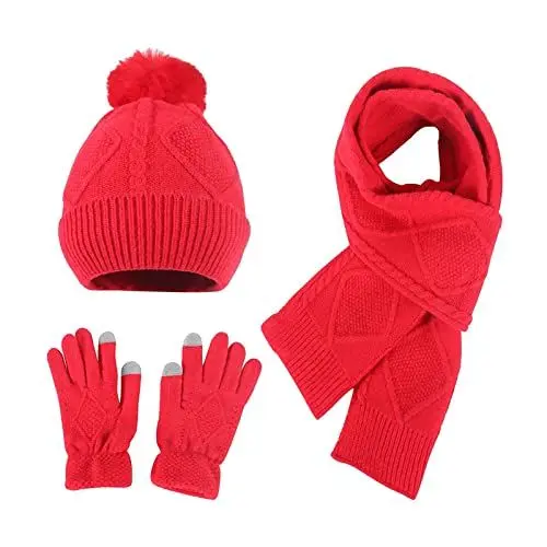 Produktbild: 3 in 1 Winter Baumwoll-Winterset Wärme mit Bommel Fleece Gefütterte Lange Outdoor Sport Kombi Geschenk Wintermütze Damen