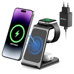 Produktbild: Ladestation für Apple Watch und iPhone, 3 in 1 Wireless Charger Induktive Ladestation/Kabelloses Ladegerät für iPhone 16 15 14 13 12 MagSafe Gerät Serie/Samsung Apple Watch/AirPods Pro Serie (Schwarz)