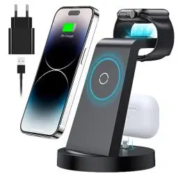 Produktbild: 3 in 1 iPhone Ladestation Schnelles Kabelloses Ladegerät für Apple - Wireless Charger für iPhone 16 15 14 13 12 11 Pro SE X XS XR 8 & Apple Watch 9 8 7 6 SE 5 4 3 2 Air Pods Pro mit 18W Fast Adapter