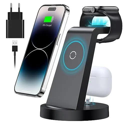 Produktbild: 3 in 1 iPhone Ladestation Schnelles Kabelloses Ladegerät für Apple - Wireless Charger für iPhone 16 15 14 13 12 11 Pro SE X XS XR 8 & Apple Watch 9 8 7 6 SE 5 4 3 2 Air Pods Pro mit 18W Fast Adapter