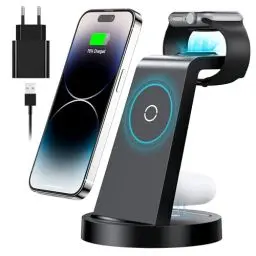 Produktbild: 3 in 1 iPhone Ladestation Schnelles Kabelloses Ladegerät für Apple - Wireless Charger für iPhone 16 15 14 13 12 11 Pro SE X XS XR 8 & Apple Watch 9 8 7 6 SE 5 4 3 2 Air Pods Pro mit 18W Fast Adapter