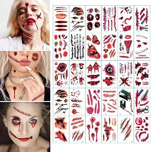 Produktbild: 30 Blatt Halloween Tattoo Narben, Halloween Wunden Scars Realistische Motive Aufkleber Wasserdichte Temporäre Tattoos, Kinder Erwachsene Zombie Make UP Halloween Gesicht Schminke