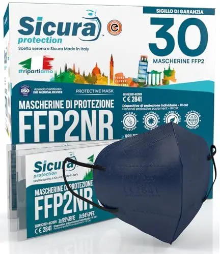 Produktbild: 30 FFP2 Masken CE zertifiziert BLAU mit schwarzen Gummibändern SICURA Logo geprägt BFE ≥99% Made in Italy SANITIZED und einzeln versiegelt FFP2 Masken