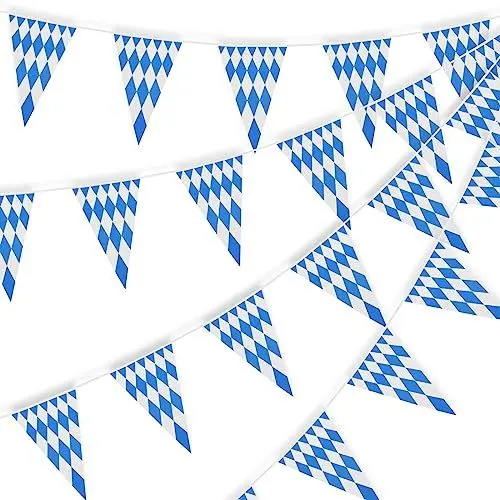 Produktbild: 30 Meter/98,5 ft Oktoberfest Blau-Weiß Banner Dekorationen - Plastik Dreieck Bayerische Wimpelgirlanden mit 60 Wimpelfahnen für Zuhause, Balkon, Bars, deutsche Oktoberfest Partybedarf