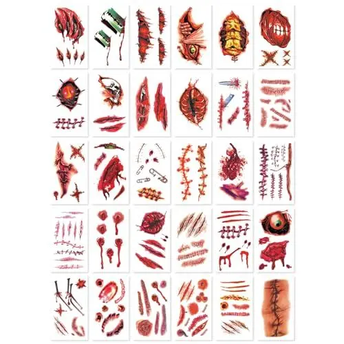Produktbild: 30 PCS Halloween Scars Tattoos Aufkleber FEIEQILAI-Halloween Tattoo Halloween Aufkleber gefälschten Scab Blut Aufkleber Temporäre Tattoos Narben Tattoos Halloween Make-up Requisiten
