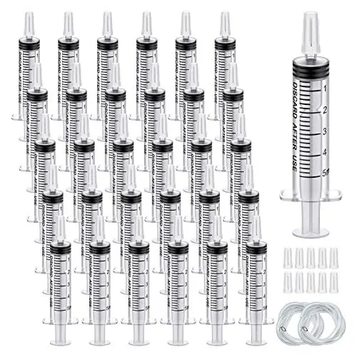 Produktbild: 30 Stück Kunststoff Spritze 5ml, Messspritze Einwegspritze für Wissenschaftlich Labore, Futterspritze, Marinierspritze und Absaugspritze (30, 5ml)