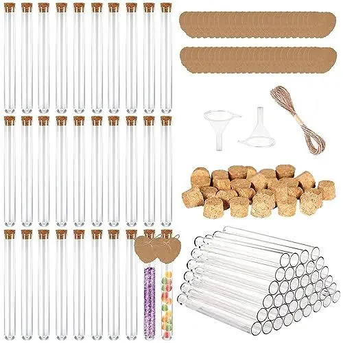 Produktbild: 30 Stück Reagenzglas mit Korken 15ml Reagenzgläser 15x150mm Kunststoff Transparent Reagenzgläser für Blumen Gastgeschenk Hochzeits Deko Badesalz Gefüllt 30 Kraftpapieranhänger Hanfseil 2 Trichter