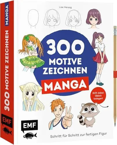 Produktbild: 300 Motive zeichnen – Manga: Schritt für Schritt zur fertigen Figur | Stift dabei – Gleich loslegen!